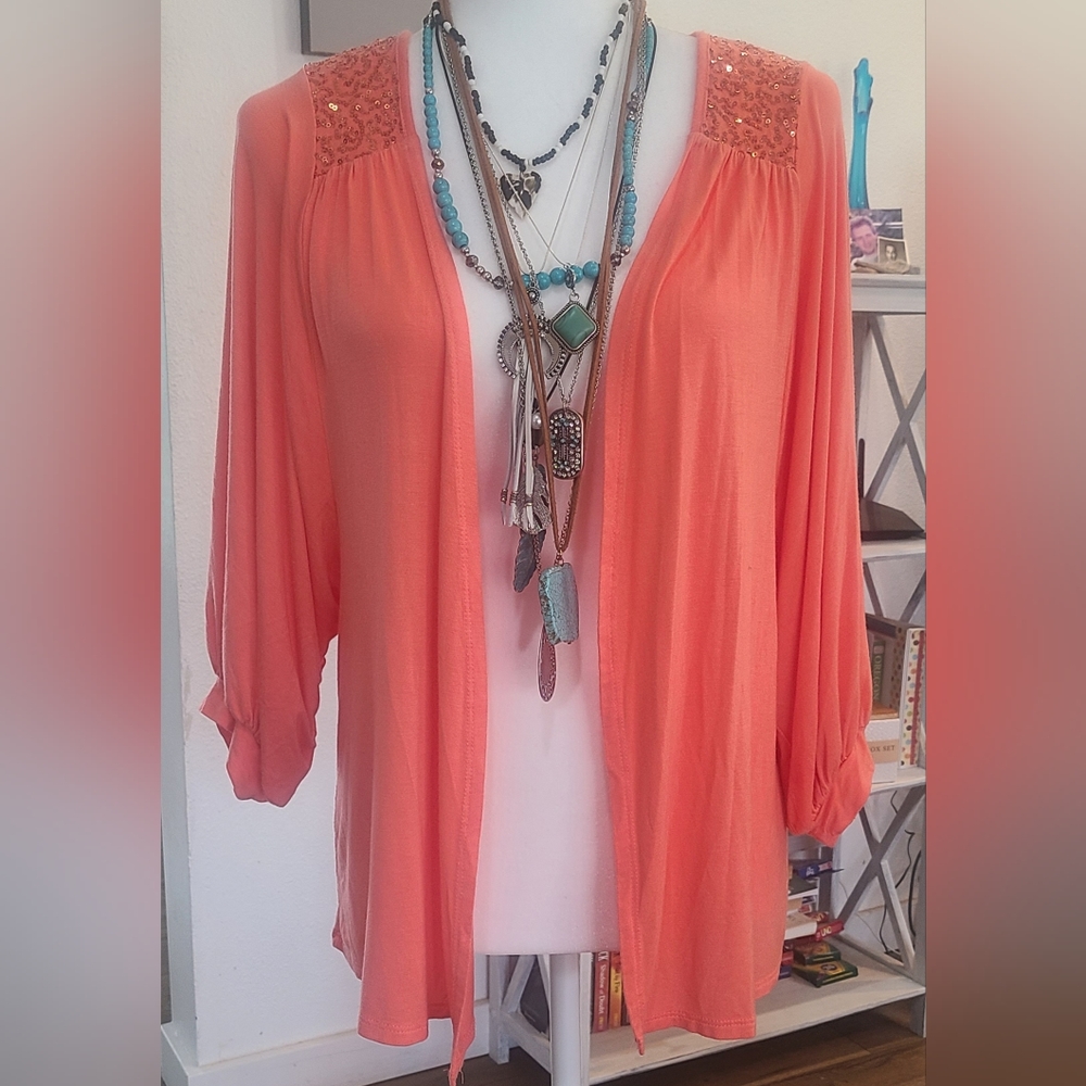 Gently Worn - DAYTRIP - Soft Orange Sequin Embellished Kimono/Cardigan,  Size M